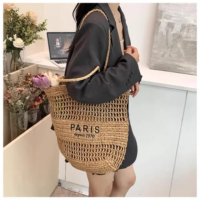 Women's Hollow Straw Woven Tote Bag Paris Print — feature 8