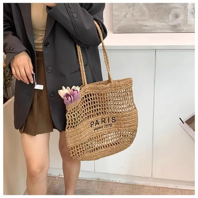 Women's Hollow Straw Woven Tote Bag Paris Print — feature 9