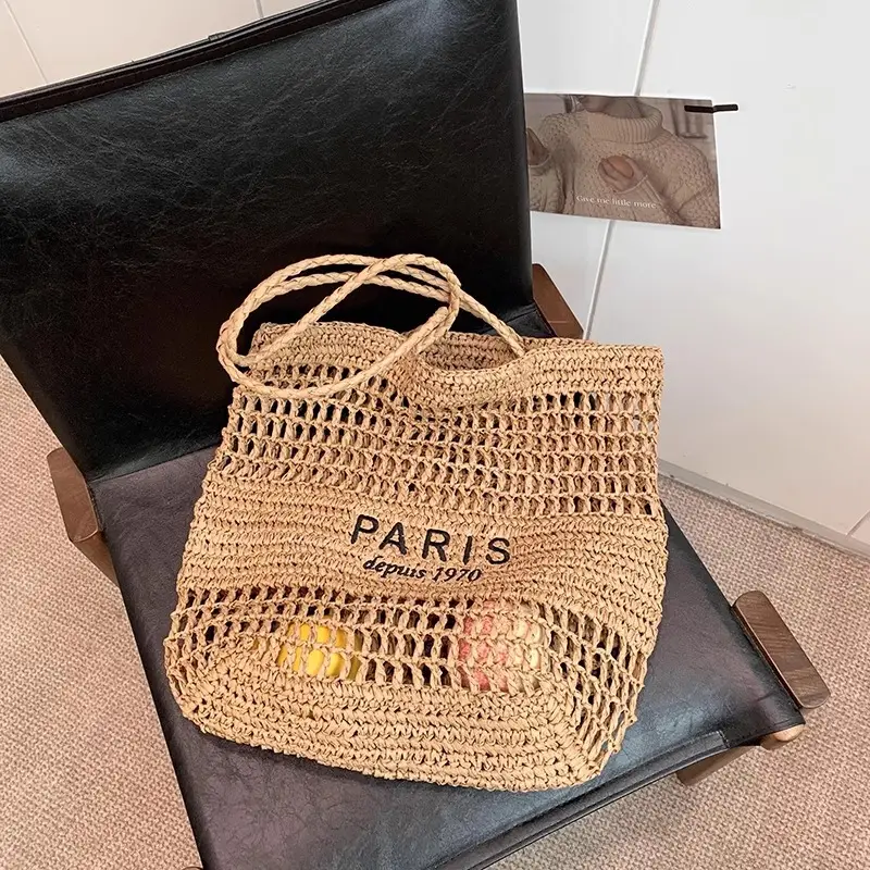Women's Hollow Straw Woven Tote Bag Paris Print