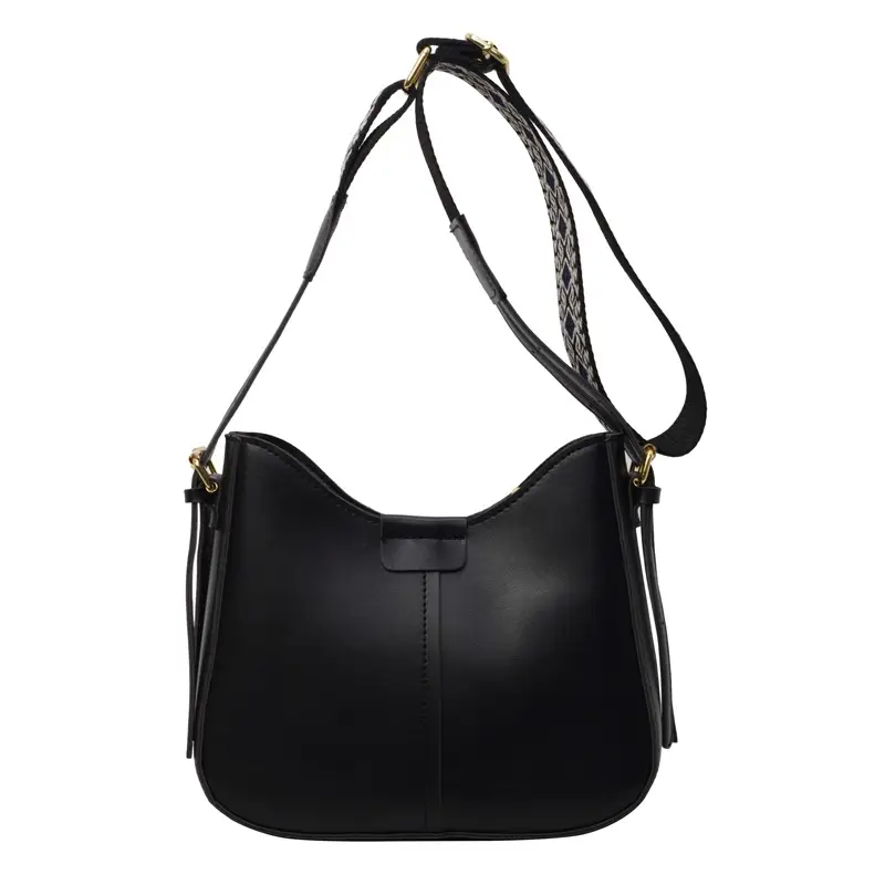 Korean Style Black Bucket Bag with Wide Strap - Image 9