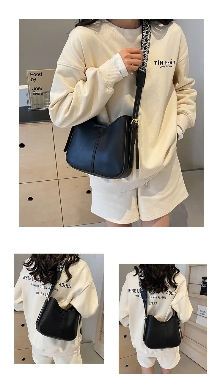 Korean Style Black Bucket Bag with Wide Strap — feature 12