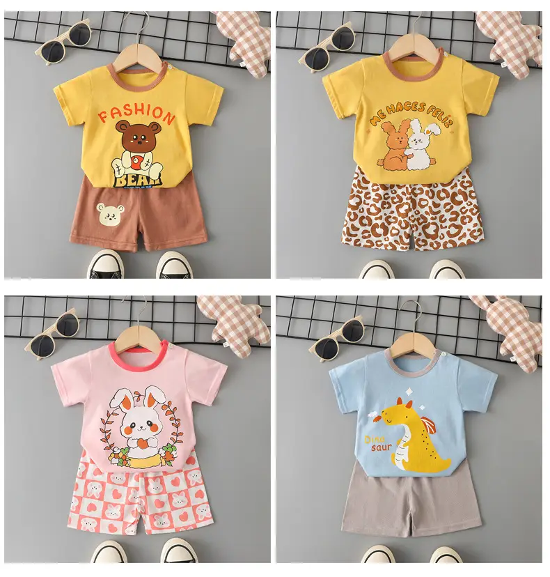 Baby Boys Cotton T-Shirt Shorts Set Pink Yellow Cartoon — feature 9