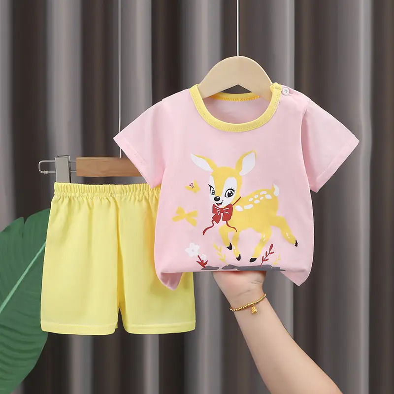 Baby Boys Cotton T-Shirt Shorts Set Pink Yellow Cartoon