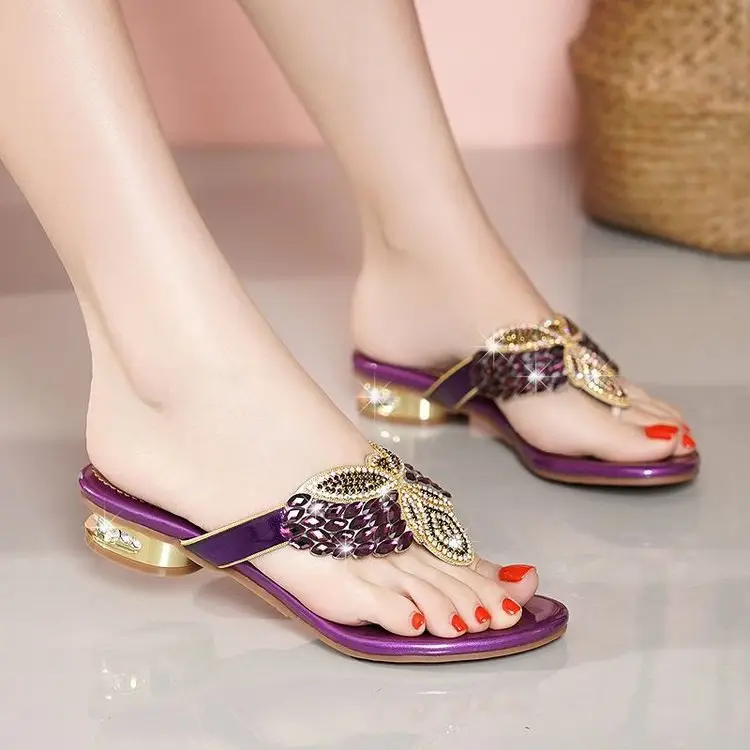 Rhinestone Slippers Women's Summer New Style Outer Wear Flat Bohemian Beach Shoes Seaside Holiday Clip Sandals Women's Half Shoe