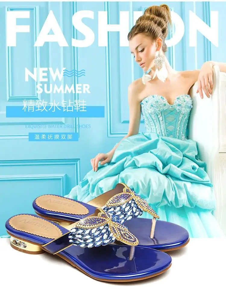 Rhinestone Slippers Women's Summer New Style Outer Wear Flat Bohemian Beach Shoes Seaside Holiday Clip Sandals Women's Half Shoe — feature 1