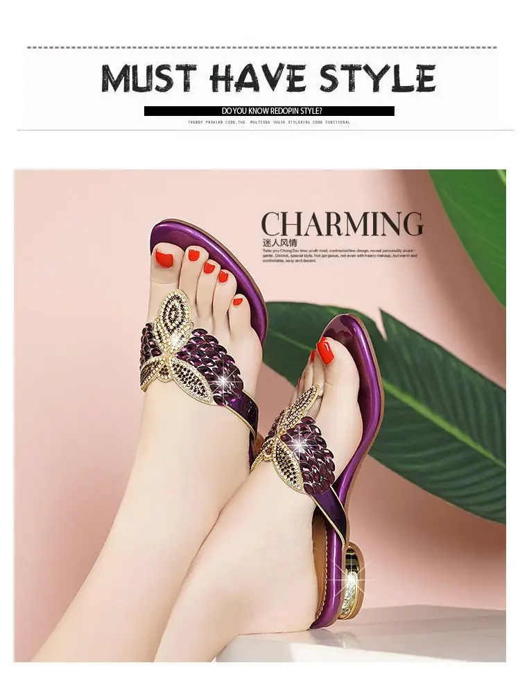 Rhinestone Slippers Women's Summer New Style Outer Wear Flat Bohemian Beach Shoes Seaside Holiday Clip Sandals Women's Half Shoe — feature 11