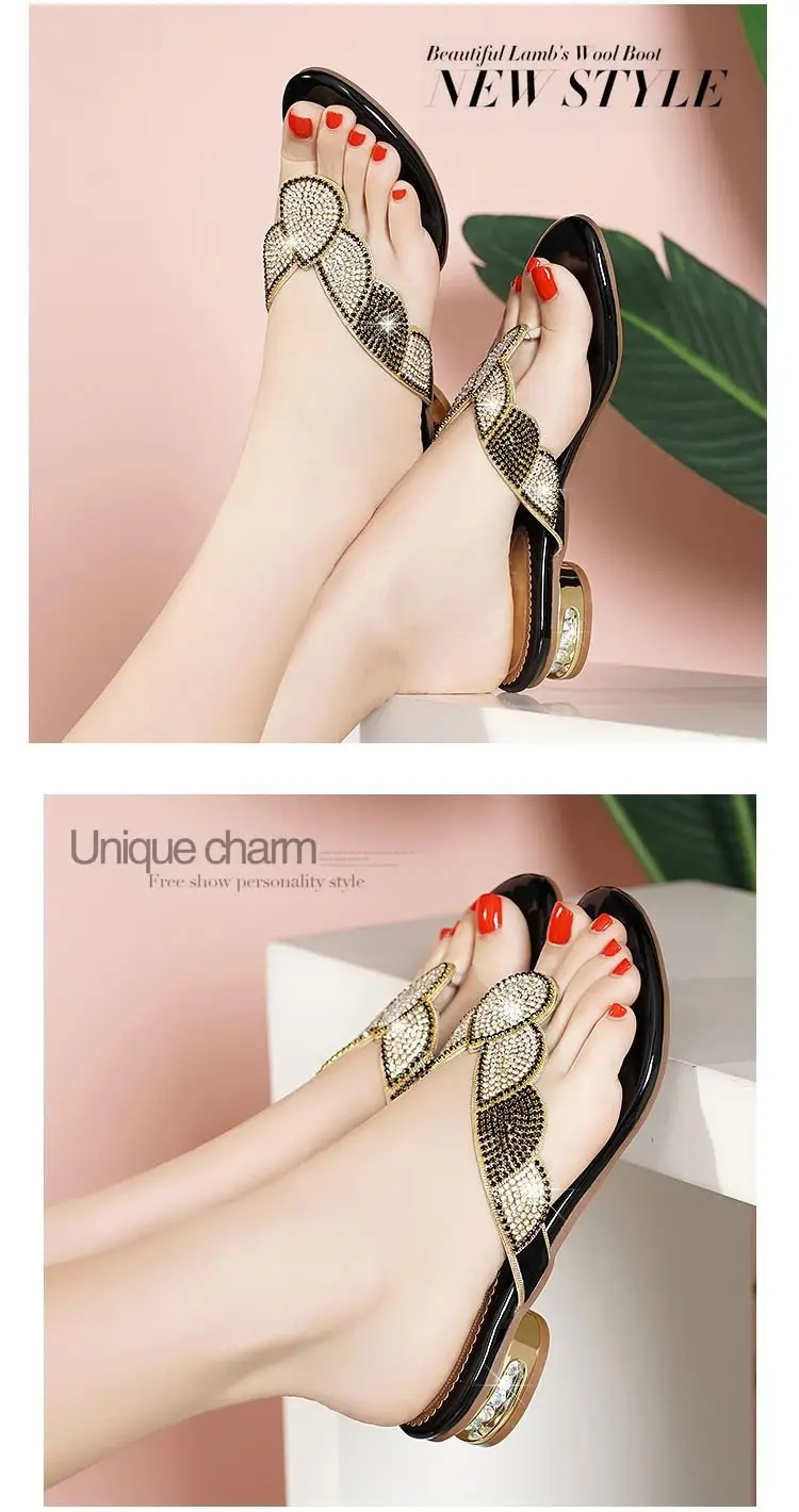 Rhinestone Slippers Women's Summer New Style Outer Wear Flat Bohemian Beach Shoes Seaside Holiday Clip Sandals Women's Half Shoe — feature 8