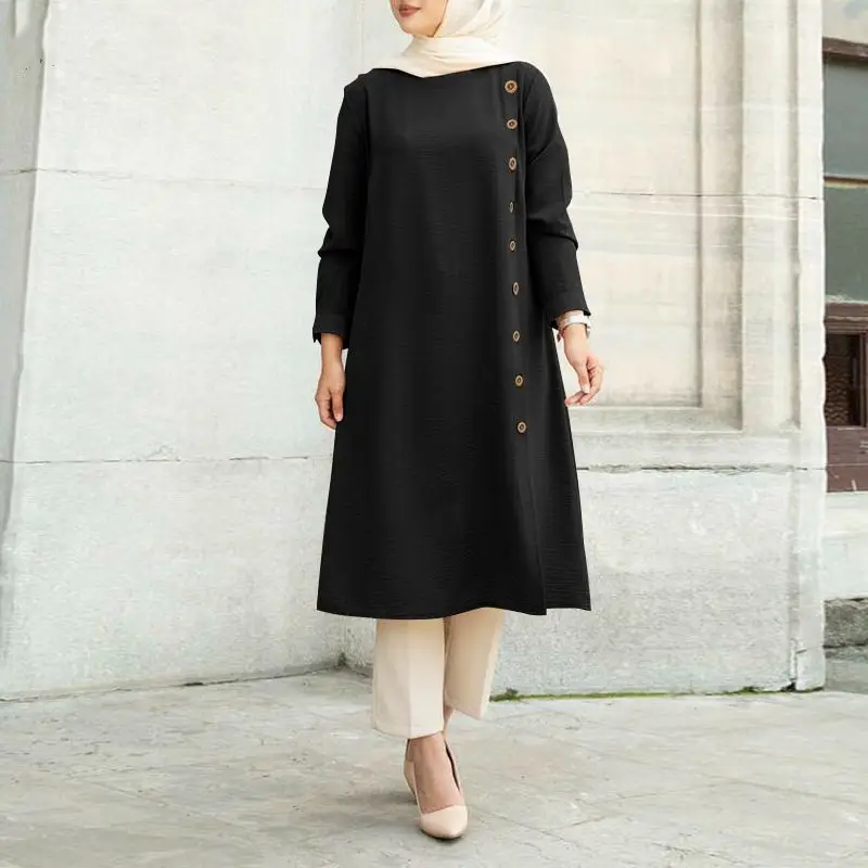 Muslim Long Sleeve Button Dress Brown Women - Image 7