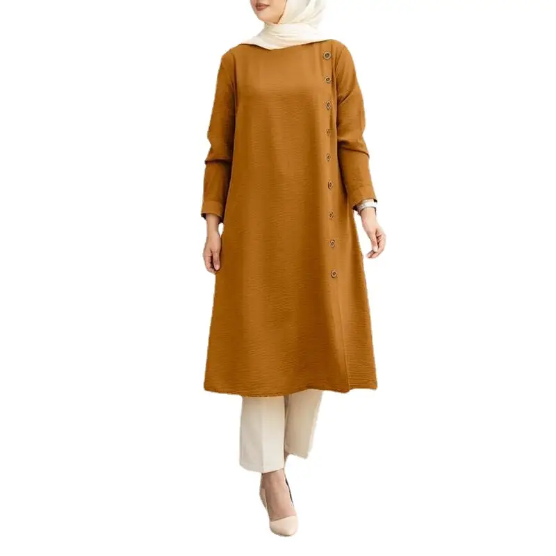 Muslim Long Sleeve Button Dress Brown Women - Image 9
