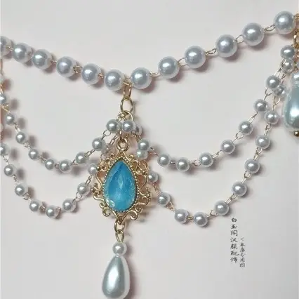 Multi-Layer Antique Pearl Necklace with Blue Crystal Drop - Image 6