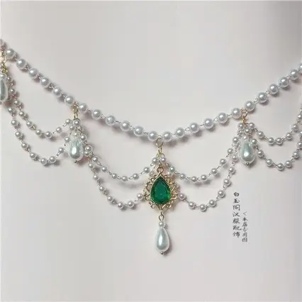 Multi-Layer Antique Pearl Necklace with Blue Crystal Drop - Image 7