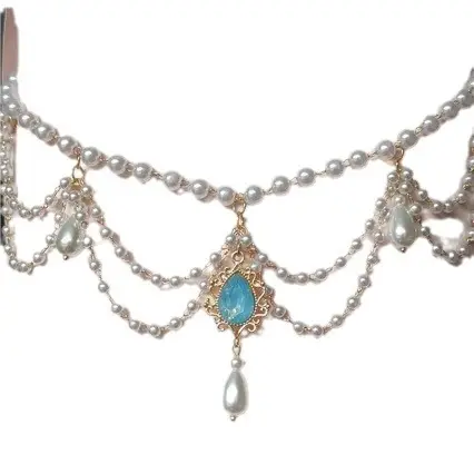Multi-Layer Antique Pearl Necklace with Blue Crystal Drop - Image 8