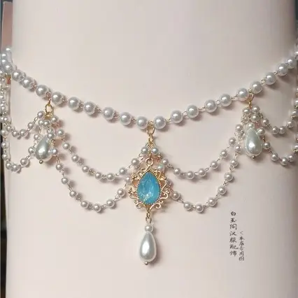 Multi-Layer Antique Pearl Necklace with Blue Crystal Drop — feature 5