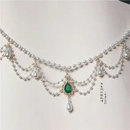 Multi-Layer Antique Pearl Necklace with Blue Crystal Drop - Image 2
