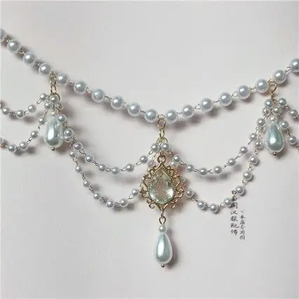 Multi-Layer Antique Pearl Necklace with Blue Crystal Drop - Image 3