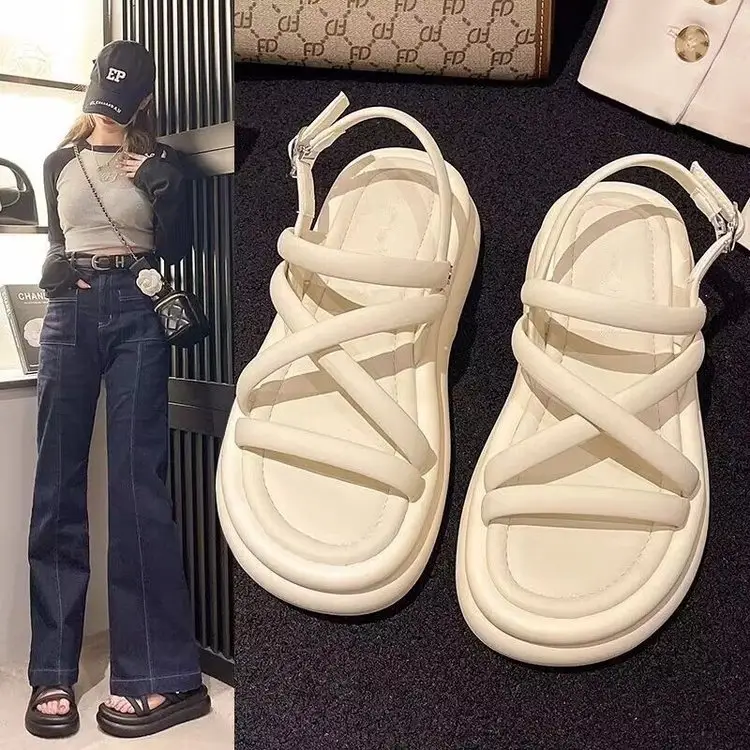 Women's White Cross Strap Platform Sandals Summer - Image 3