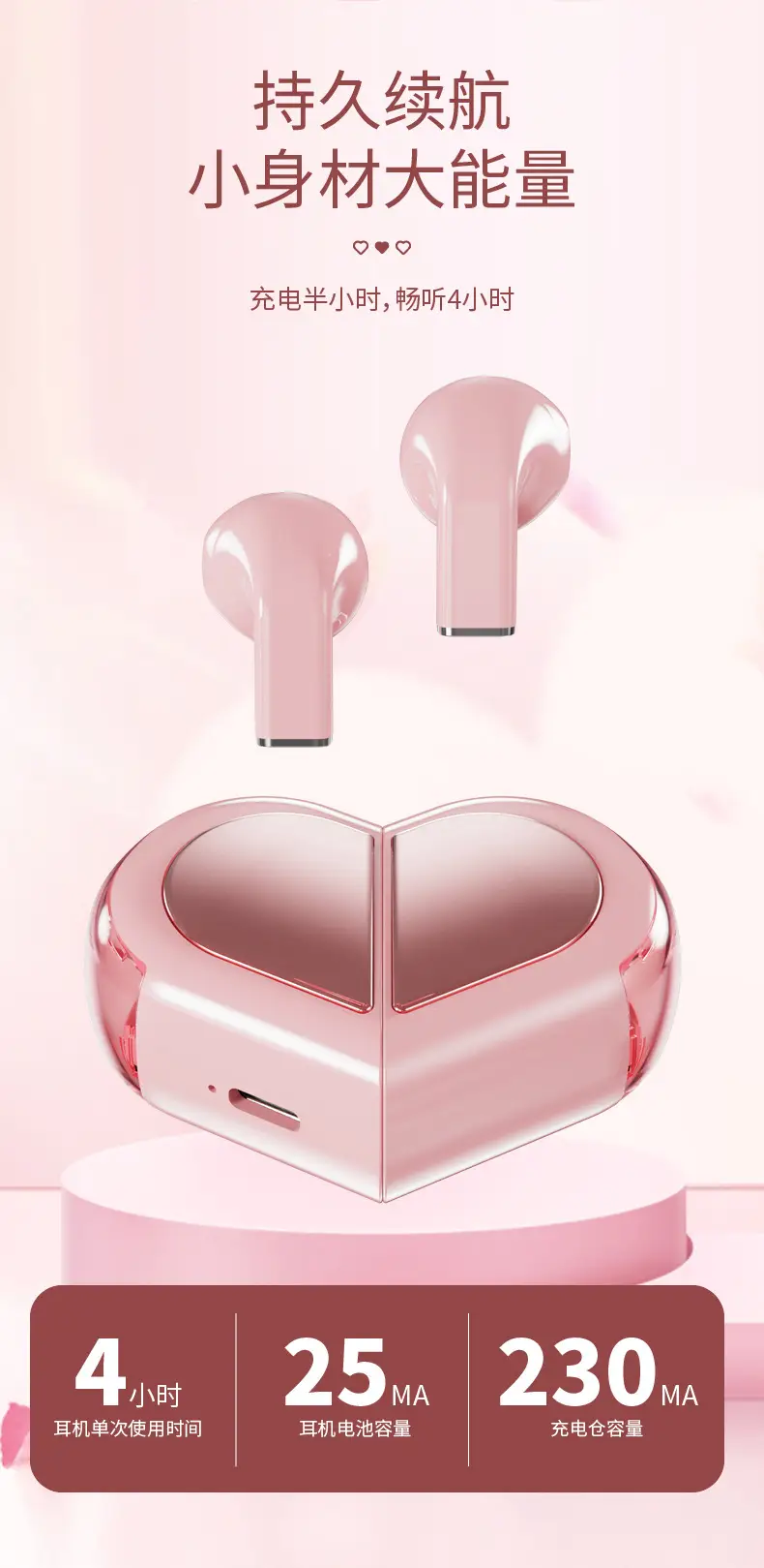 Bluetooth Earphones with Charging Case, Pink Heart Design — feature 4