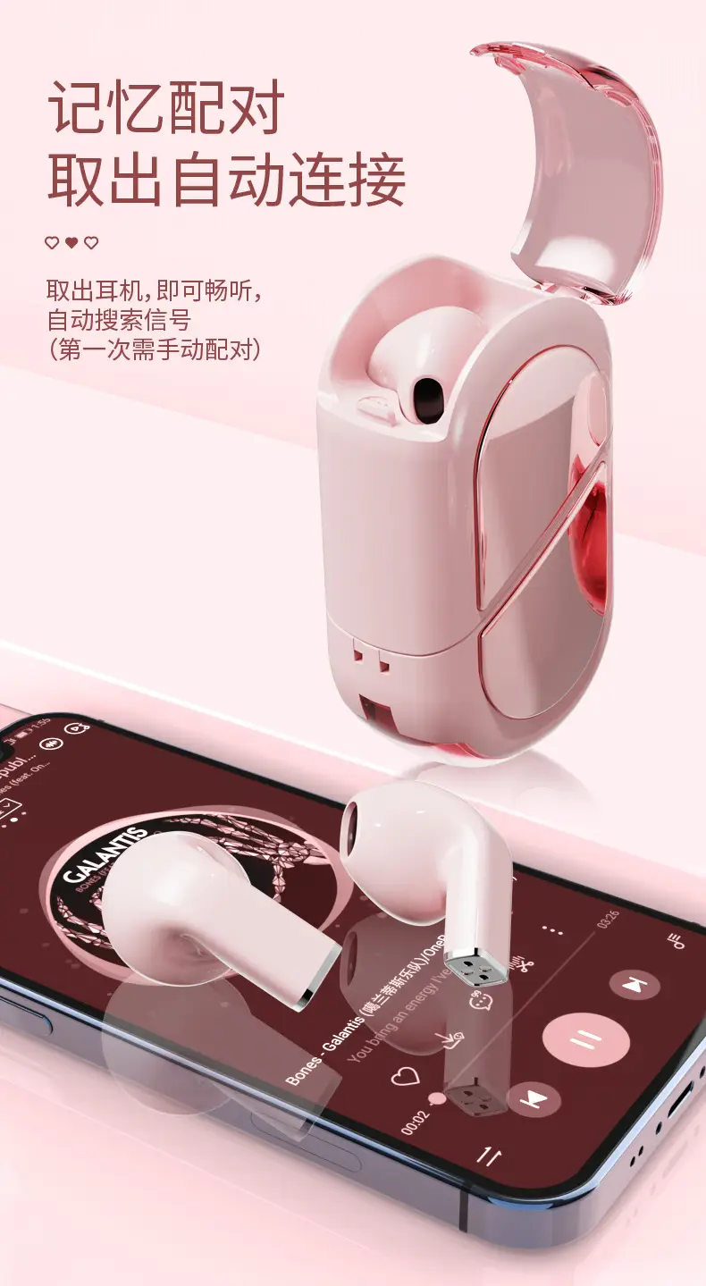 Bluetooth Earphones with Charging Case, Pink Heart Design — feature 9