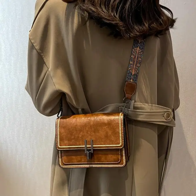 Retro Textured Brown Shoulder Bag with Wide Strap - Image 6