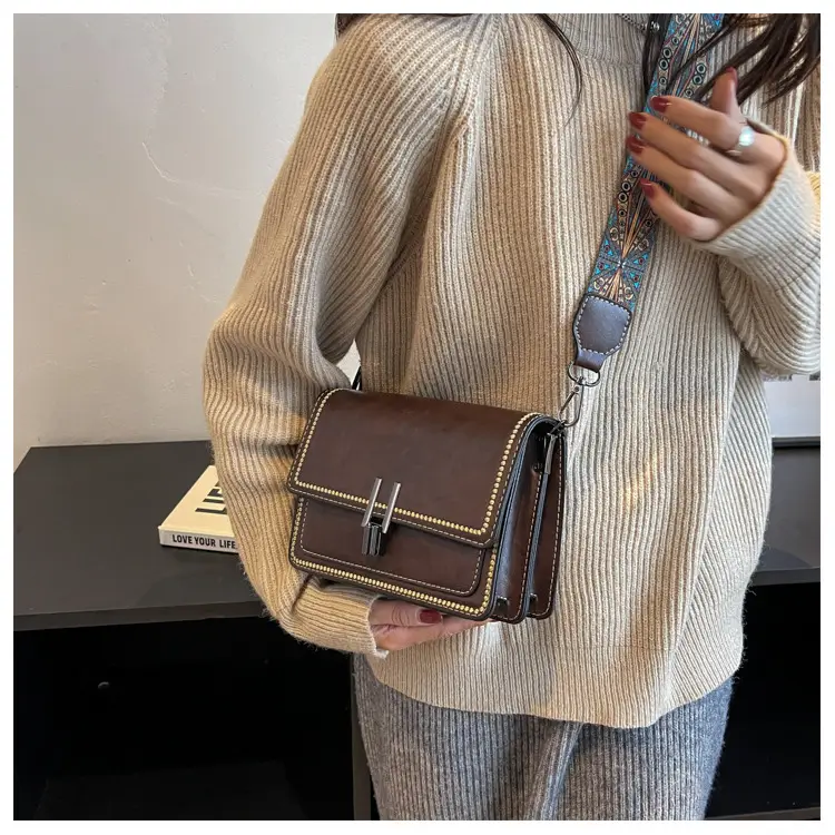 Retro Textured Brown Shoulder Bag with Wide Strap — feature 15