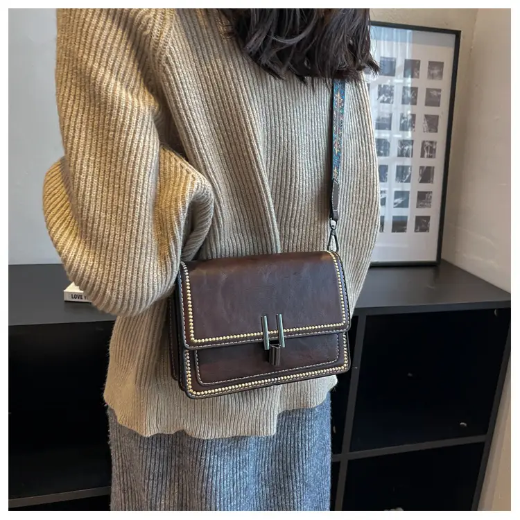 Retro Textured Brown Shoulder Bag with Wide Strap — feature 16