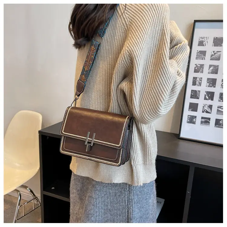 Retro Textured Brown Shoulder Bag with Wide Strap — feature 17