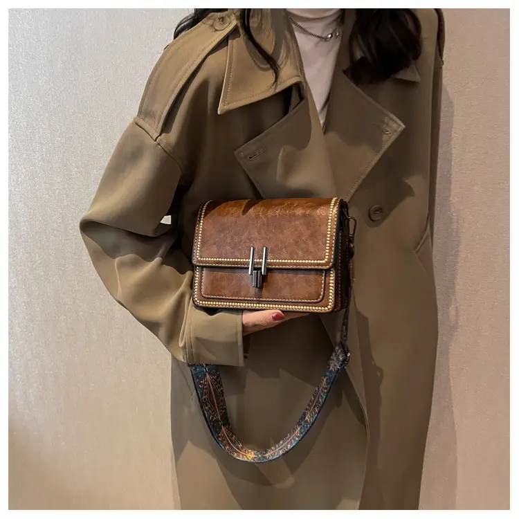 Retro Textured Brown Shoulder Bag with Wide Strap — feature 21