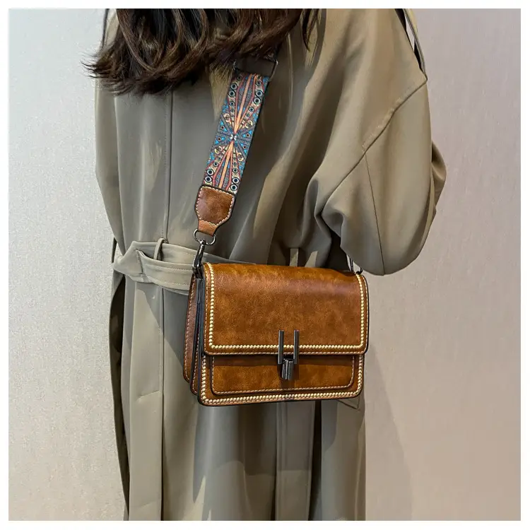 Retro Textured Brown Shoulder Bag with Wide Strap — feature 22