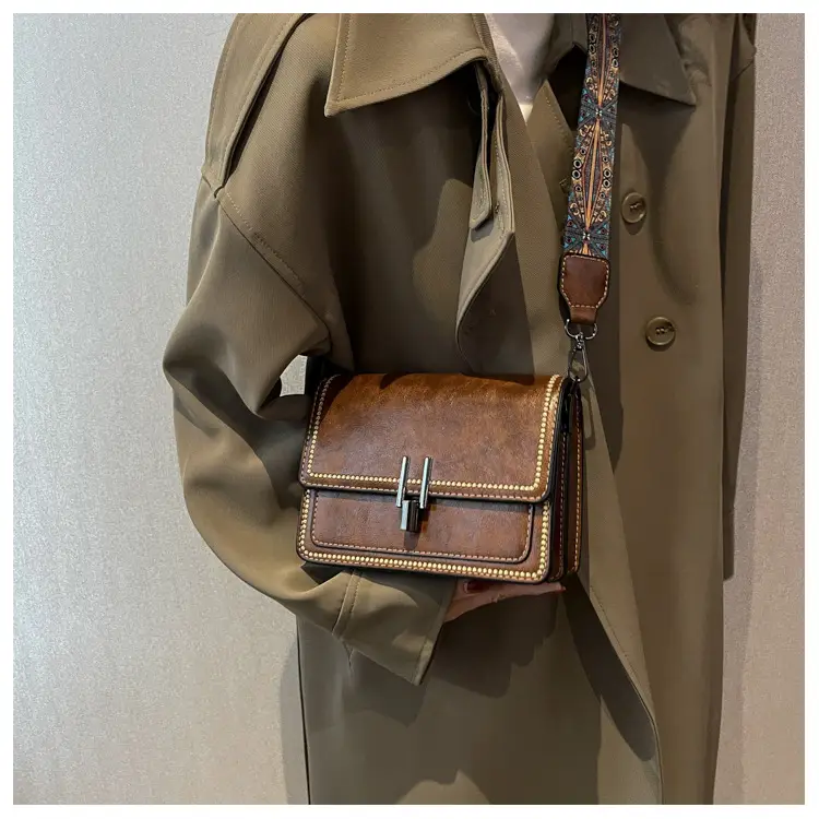 Retro Textured Brown Shoulder Bag with Wide Strap — feature 23