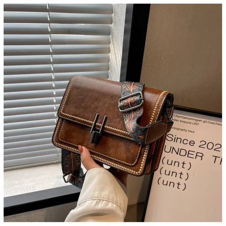 Retro Textured Brown Shoulder Bag with Wide Strap — feature 25
