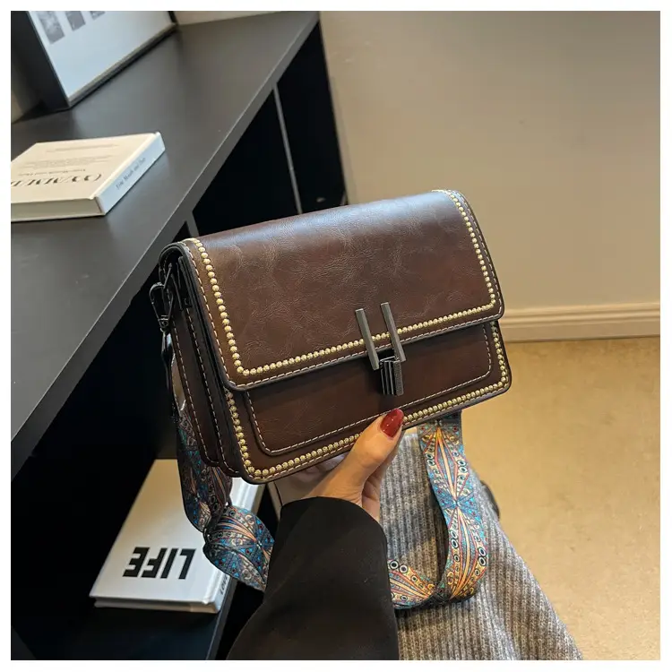Retro Textured Brown Shoulder Bag with Wide Strap — feature 26
