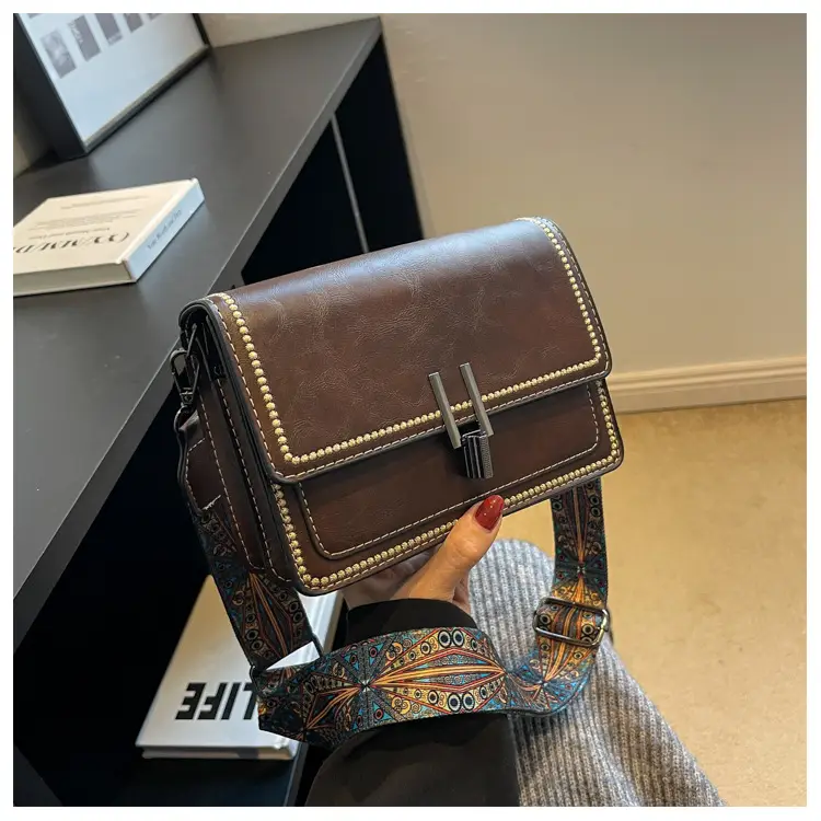 Retro Textured Brown Shoulder Bag with Wide Strap — feature 27