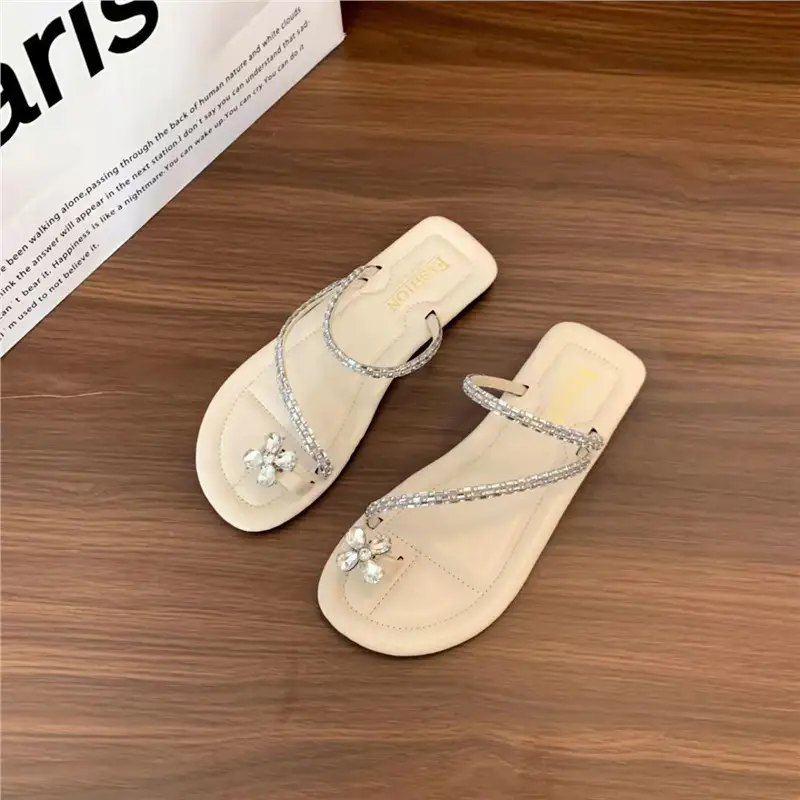 Sandals flat French fairy shoes 2024 new summer soft bottom with skirt toe rhinestone sandals summer