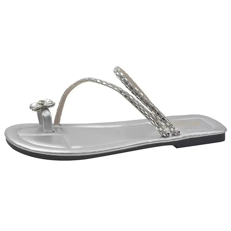 Sandals flat French fairy shoes 2024 new summer soft bottom with skirt toe rhinestone sandals summer