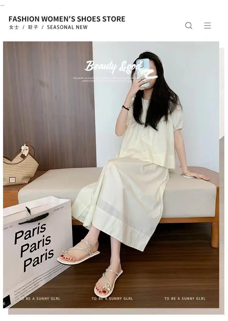 Sandals flat French fairy shoes 2024 new summer soft bottom with skirt toe rhinestone sandals summer — feature 1