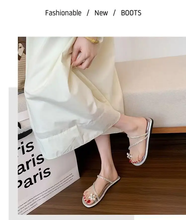 Sandals flat French fairy shoes 2024 new summer soft bottom with skirt toe rhinestone sandals summer — feature 10