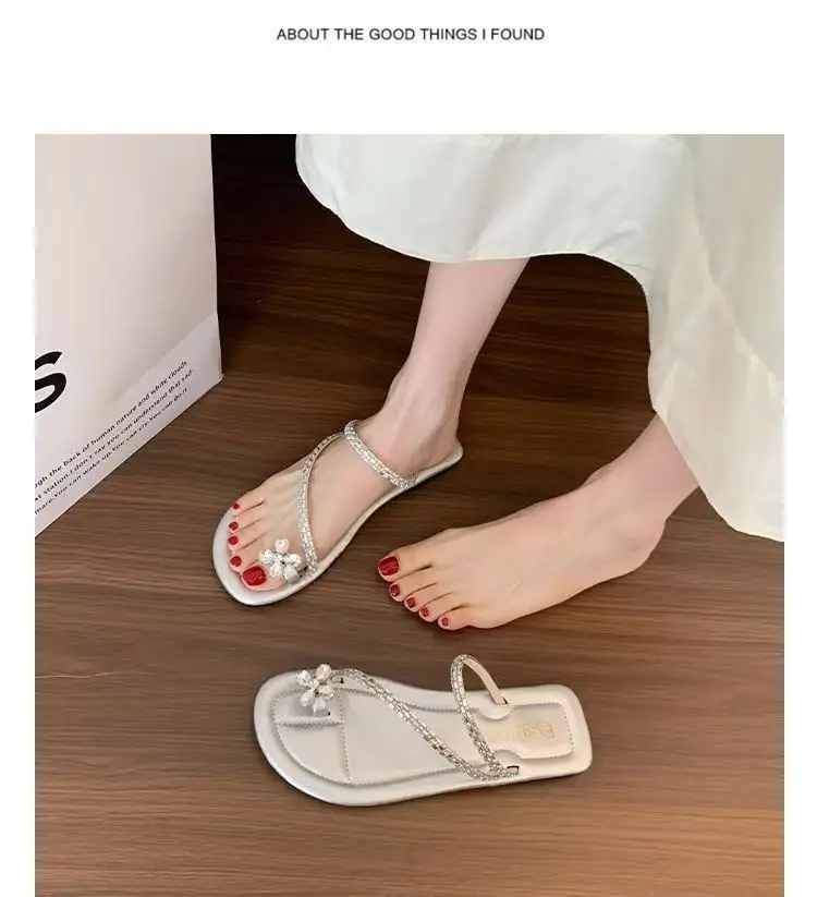 Sandals flat French fairy shoes 2024 new summer soft bottom with skirt toe rhinestone sandals summer — feature 11