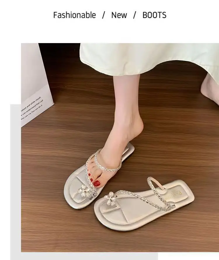 Sandals flat French fairy shoes 2024 new summer soft bottom with skirt toe rhinestone sandals summer — feature 12
