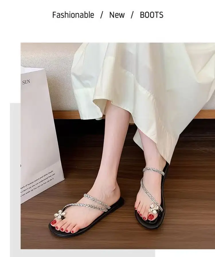 Sandals flat French fairy shoes 2024 new summer soft bottom with skirt toe rhinestone sandals summer — feature 14