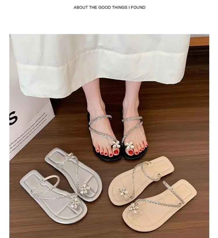 Sandals flat French fairy shoes 2024 new summer soft bottom with skirt toe rhinestone sandals summer — feature 15