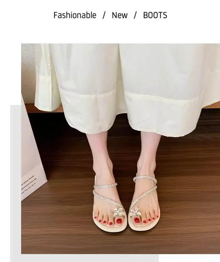 Sandals flat French fairy shoes 2024 new summer soft bottom with skirt toe rhinestone sandals summer — feature 3
