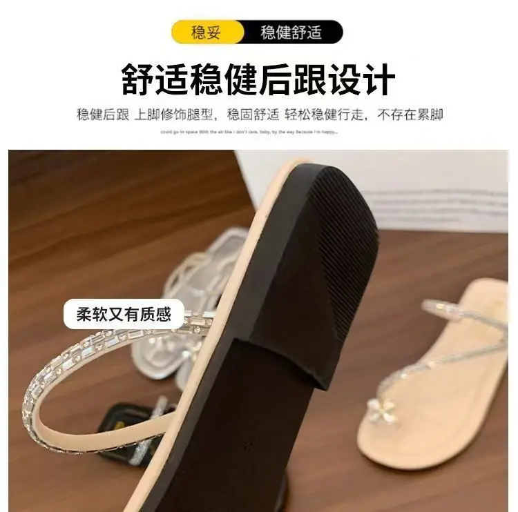 Sandals flat French fairy shoes 2024 new summer soft bottom with skirt toe rhinestone sandals summer — feature 4