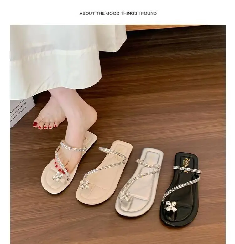 Sandals flat French fairy shoes 2024 new summer soft bottom with skirt toe rhinestone sandals summer — feature 7