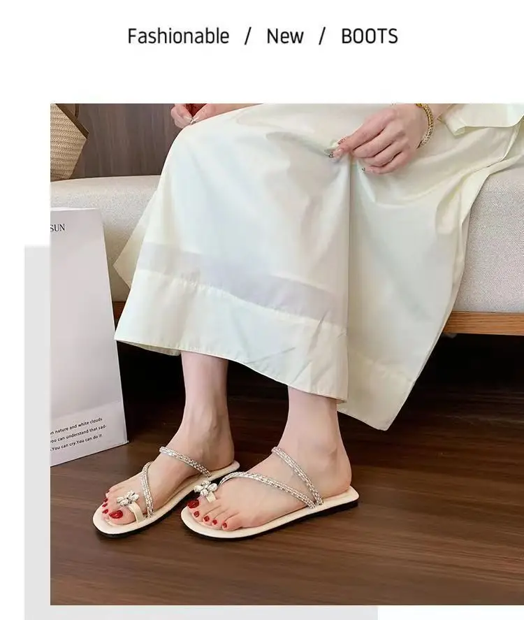Sandals flat French fairy shoes 2024 new summer soft bottom with skirt toe rhinestone sandals summer — feature 8