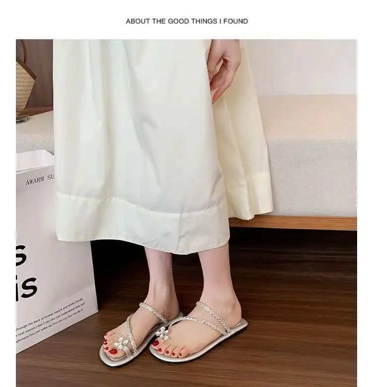 Sandals flat French fairy shoes 2024 new summer soft bottom with skirt toe rhinestone sandals summer — feature 9
