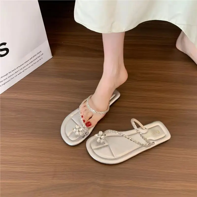 Sandals flat French fairy shoes 2024 new summer soft bottom with skirt toe rhinestone sandals summer