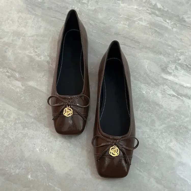 Women's French Style Flat Shoes Brown Black Square Toe Low Mouth - Image 4