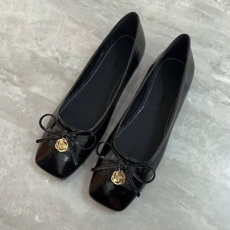 Women's French Style Flat Shoes Brown Black Square Toe Low Mouth - Image 6