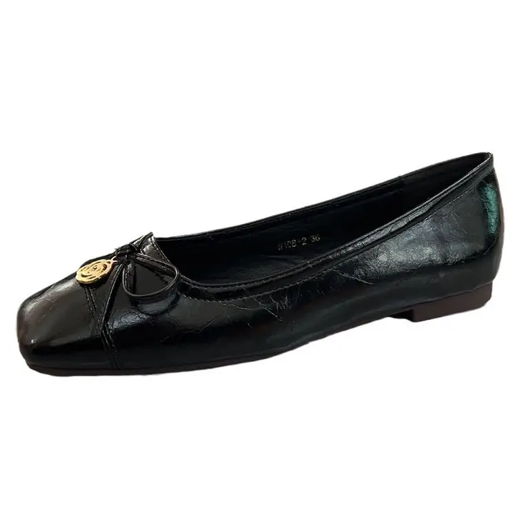 Women's French Style Flat Shoes Brown Black Square Toe Low Mouth - Image 7