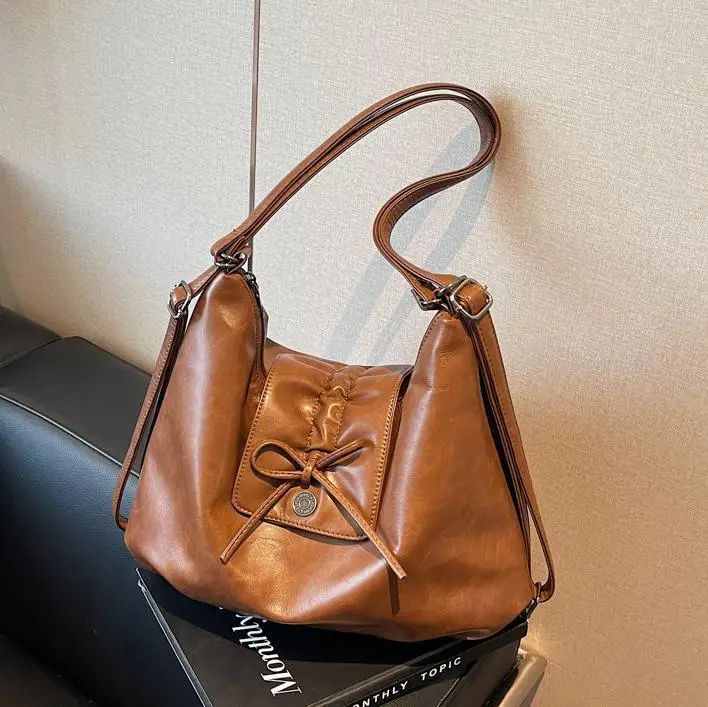 Black Pleated Shoulder Bag with Bow for Women 2026 - Image 5